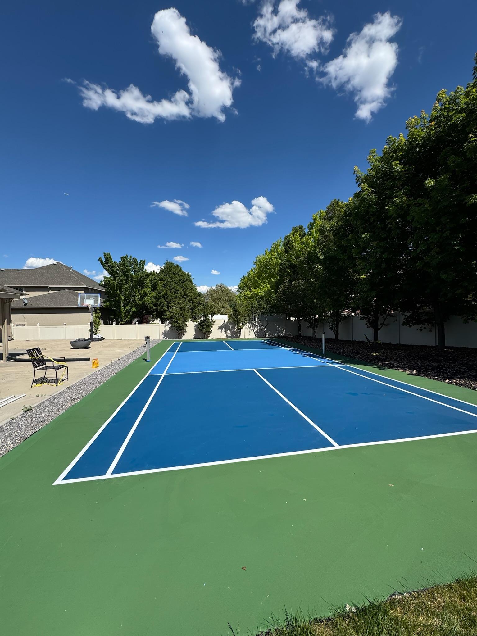 Blue pickleball court with green surround in a mature tree-lined backyard